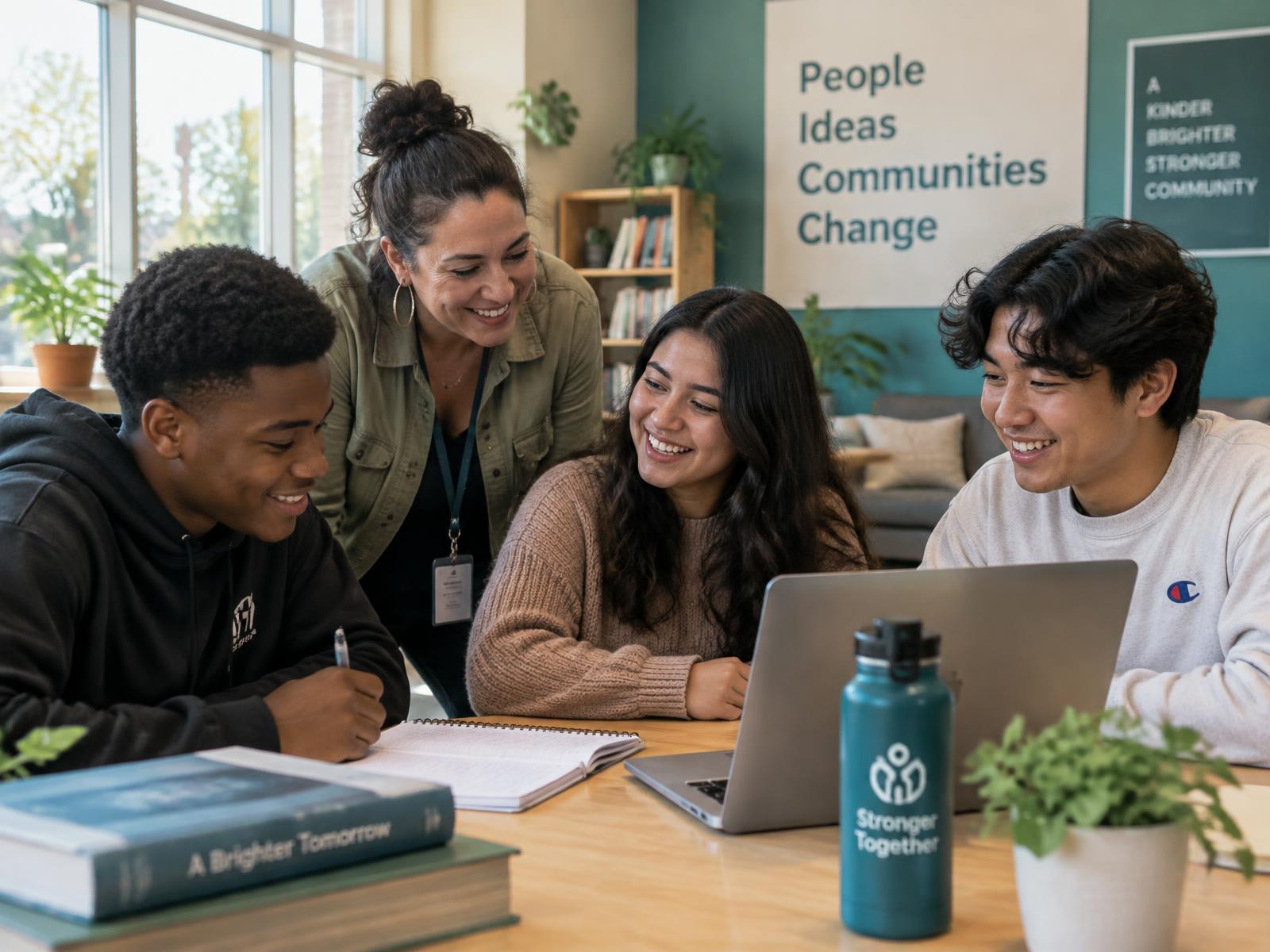 A mentor and three young adults smiling together while working at a community center table.